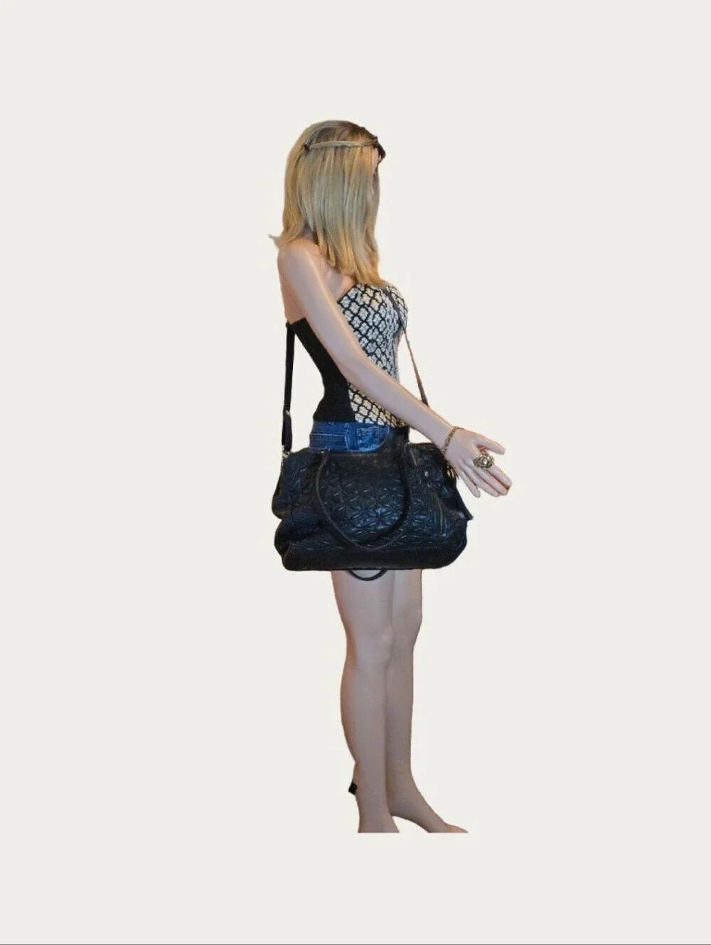 BLACK QUILTED Floral Genuine LEATHER Oversized Satchel/Crossbody SLOUCHY EUC